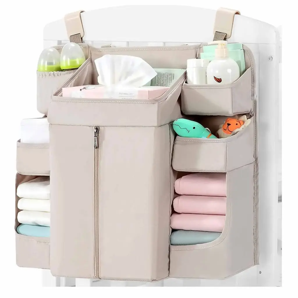 Beige Foldable Baby Crib Storage Hanging Bag - Large Capacity Organizer for Cribs and Changing Tables