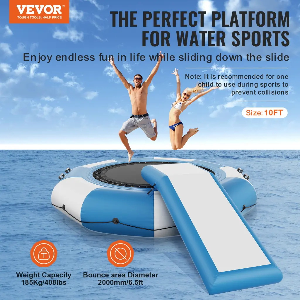 VEVOR Inflatable Water Bouncer, 10ft Recreational Water Trampoline, Portable Bounce Swim Platform with Slide