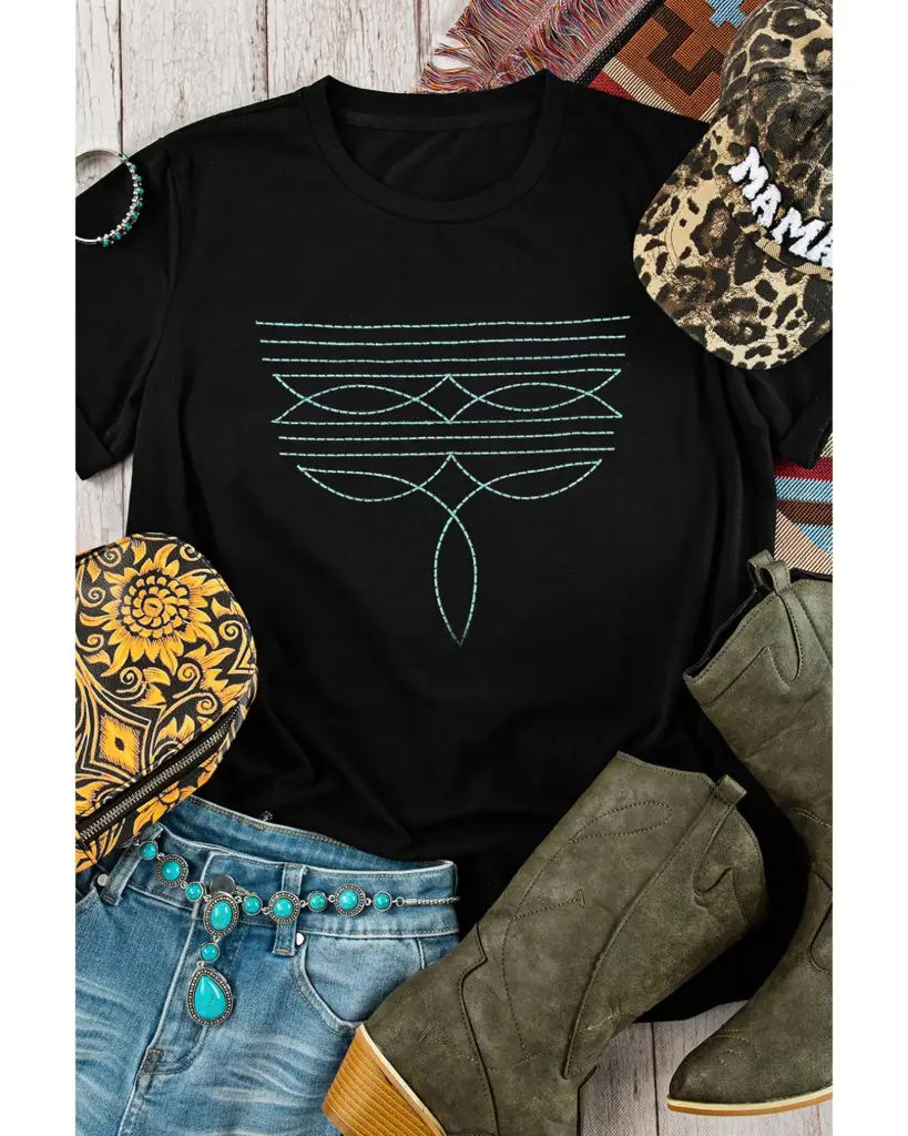 Black Western Fashion Geometric Embroidered T Shirt - XL