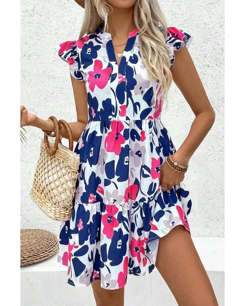 Fashion Floral Print Notched Neck Flutter Sleeve Mini Dress (S)