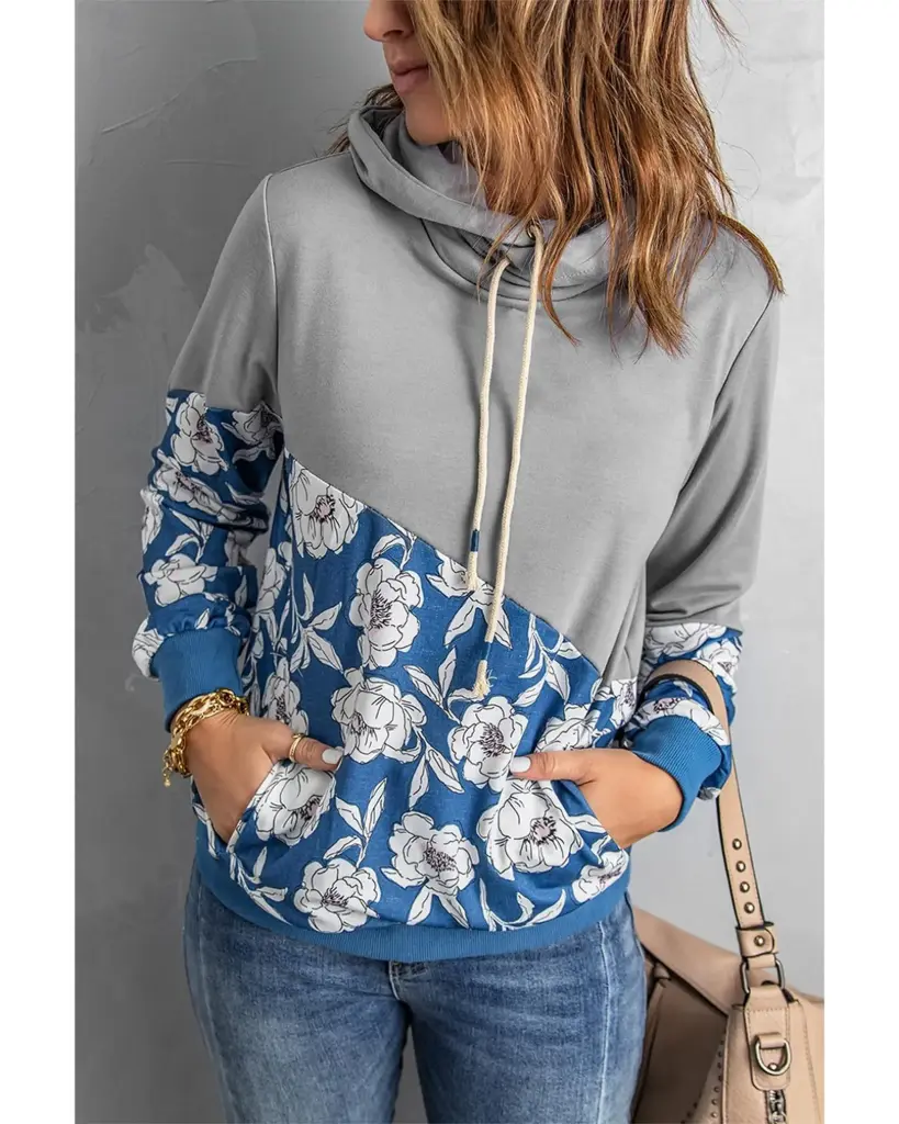 Azura Exchange Floral Splicing Cowl Neck Hoodie (S)