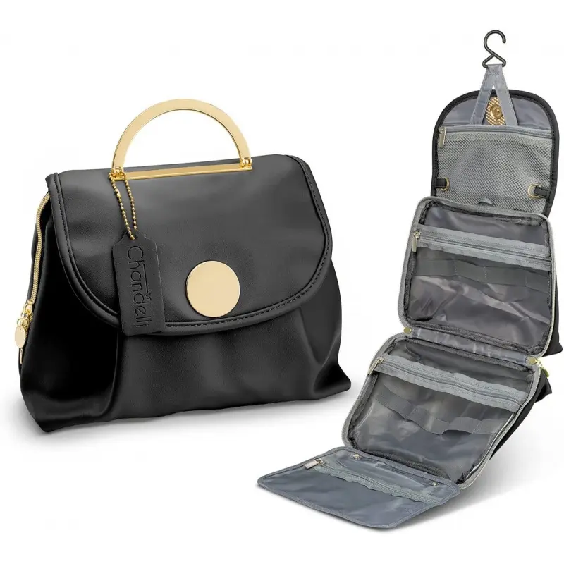 Water-Resistant Travel Toiletry Bag with Hook - Foldable Cosmetic Organizer for Women (Black)