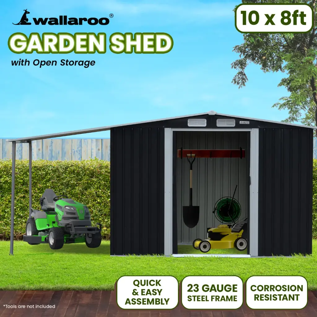 Wallaroo 10x8ft Zinc Steel Garden Shed with Open Storage - Black 