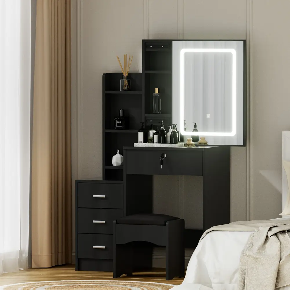 Artiss Dressing Table Vanity Desk Set Stool Led Black 