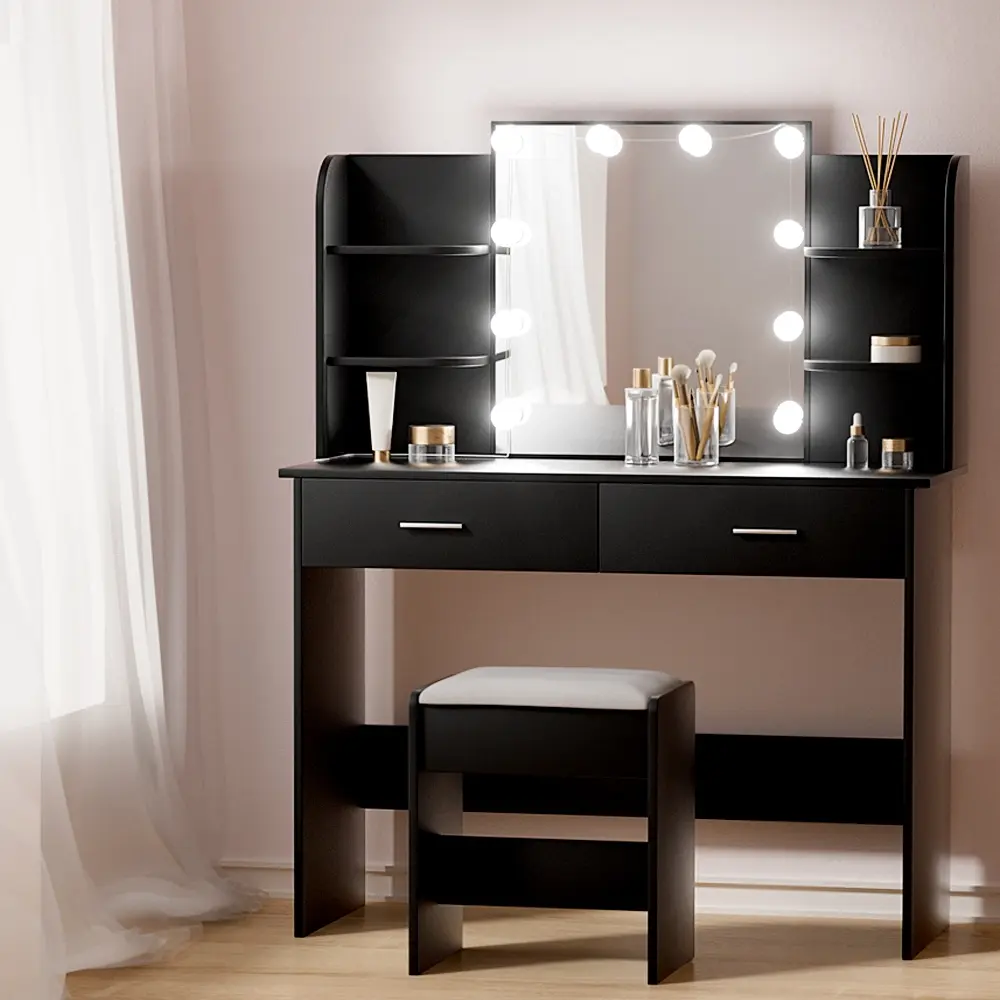 Artiss Dressing Table Set Stool 10 Led Bulbs Black Dulcea 