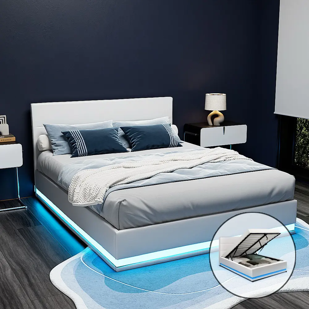 Artiss Bed Frame Double Size LED Gas Lift White LUMI 