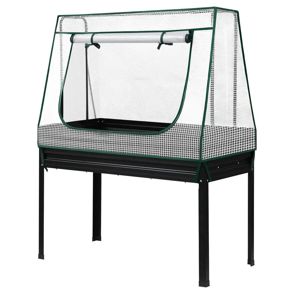 Green Fingers Elevated Metal Garden Bed Kit w Mini Greenhouse Cover 116x60cm Stand-Up Height Trellis 
