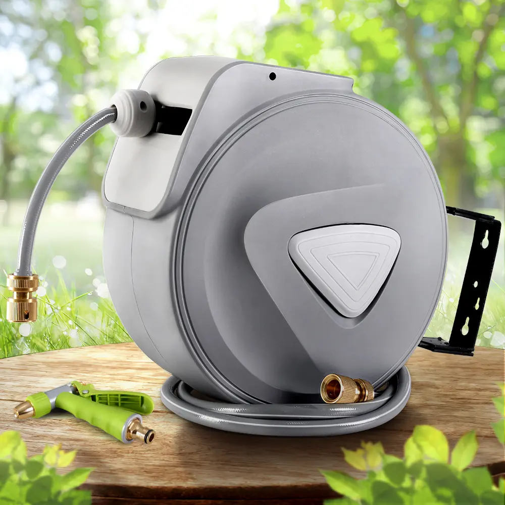 Water Hose Reel 30M Retractable Garden Auto Rewind Brass Spray Gun 
