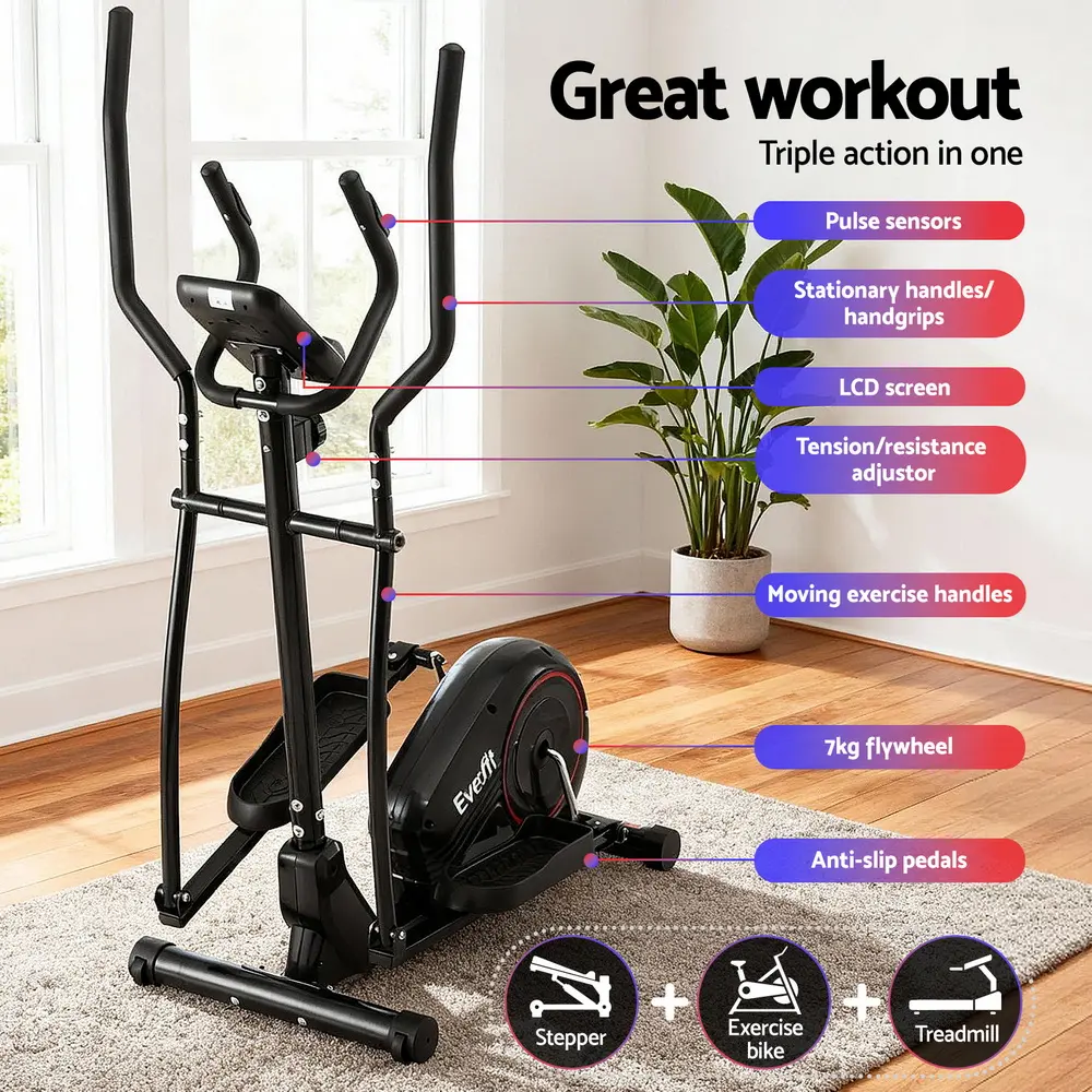 Everfit Exercise Bike Elliptical Cross Trainer Home Gym Fitness Machine LCD 
