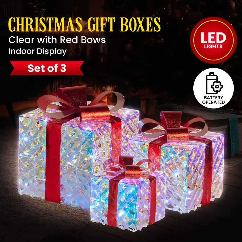 Christabelle Set of 3 Christmas Gift Boxes With Lights - Clear Shimmer With Red Bows 