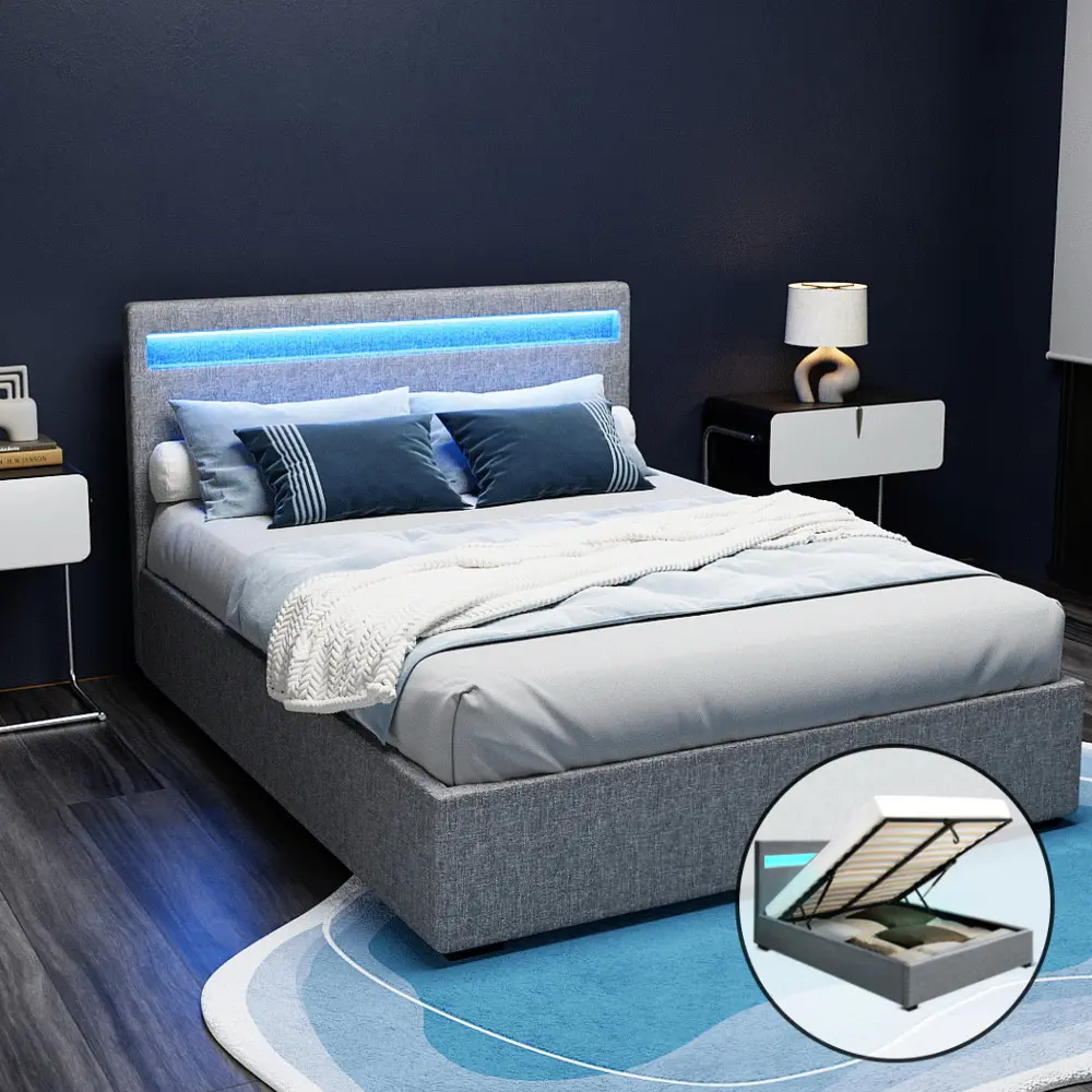 Artiss Bed Frame Double Size LED Gas Lift Grey COLE 