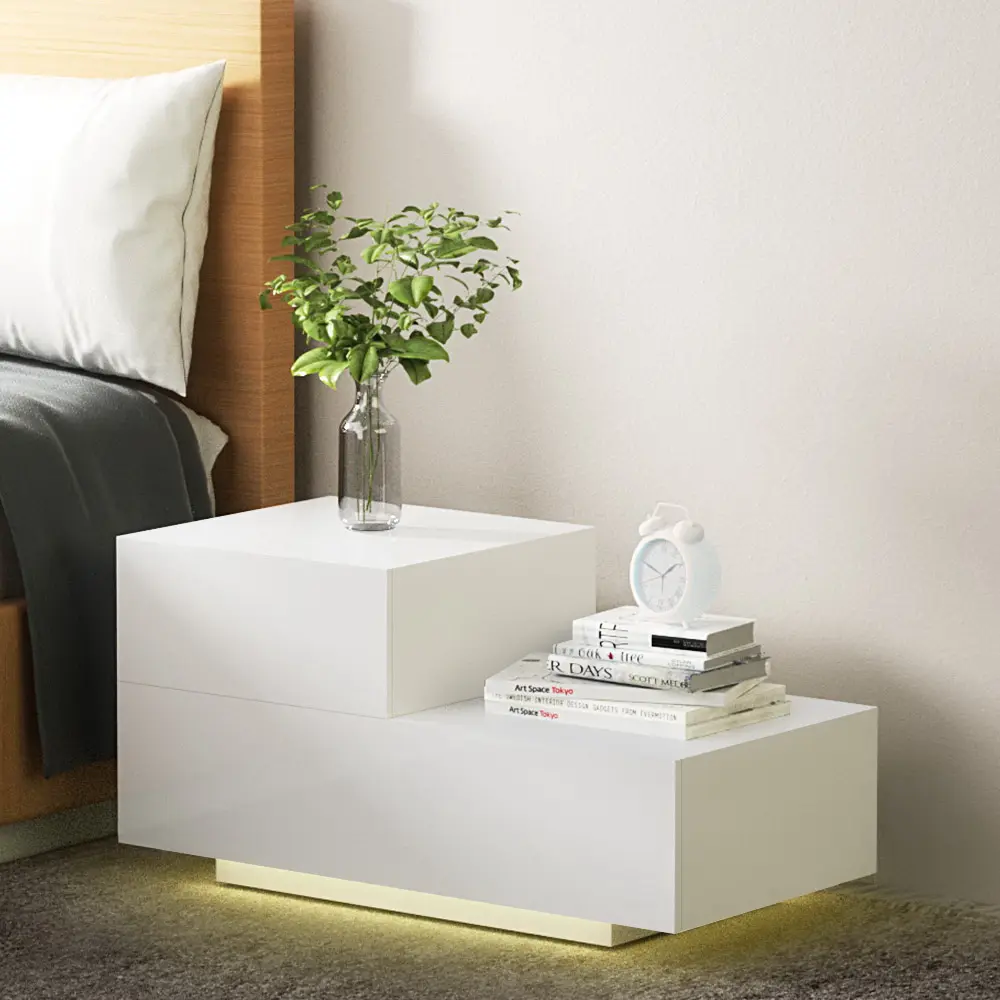 Artiss Bedside Tables LED 2 Drawers - REMI White 