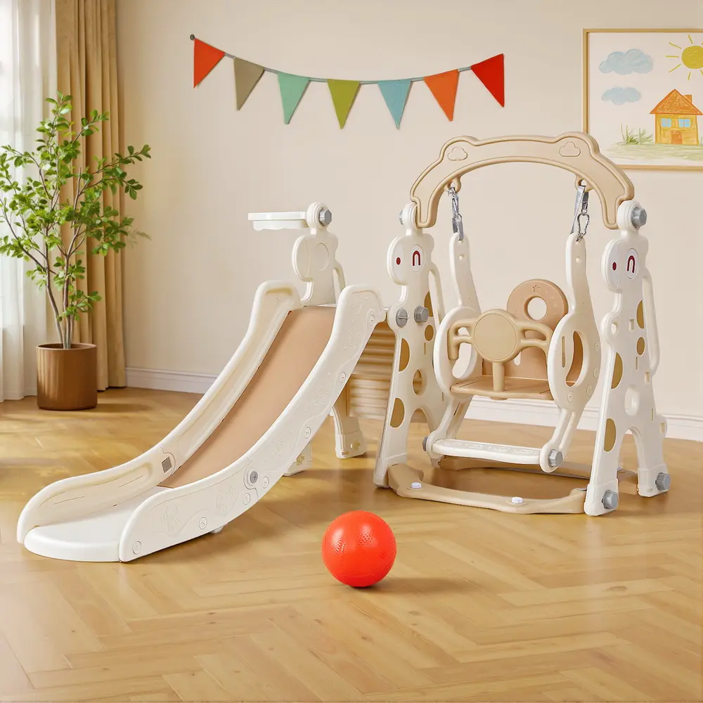 Keezi Kids Slide Swing Set Basketball Hoop Outdoor Playground Toys 160cm Beige 