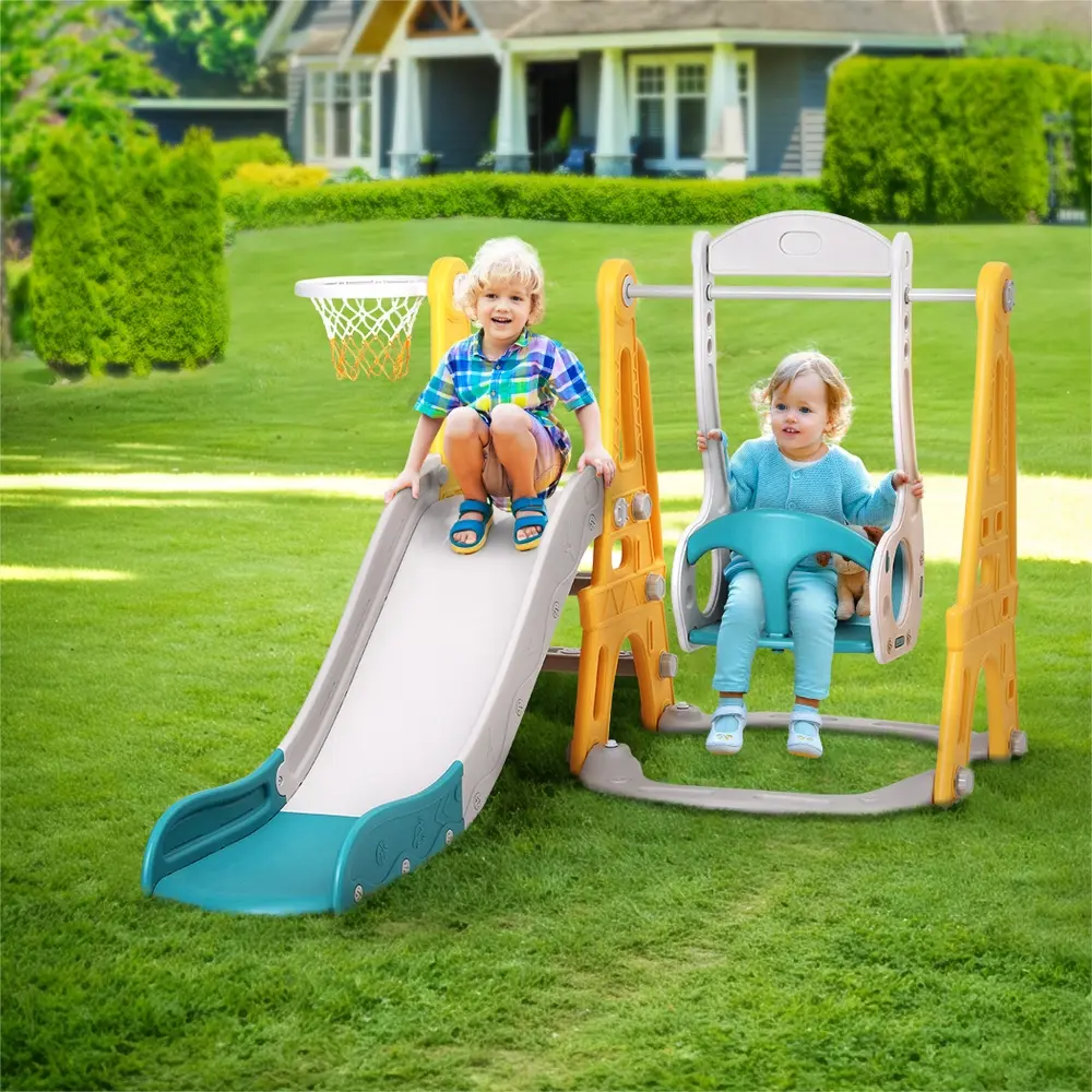Keezi Kids Slide Swing Set Basketball Outdoor Toys Adjustable Height 140cm Green 