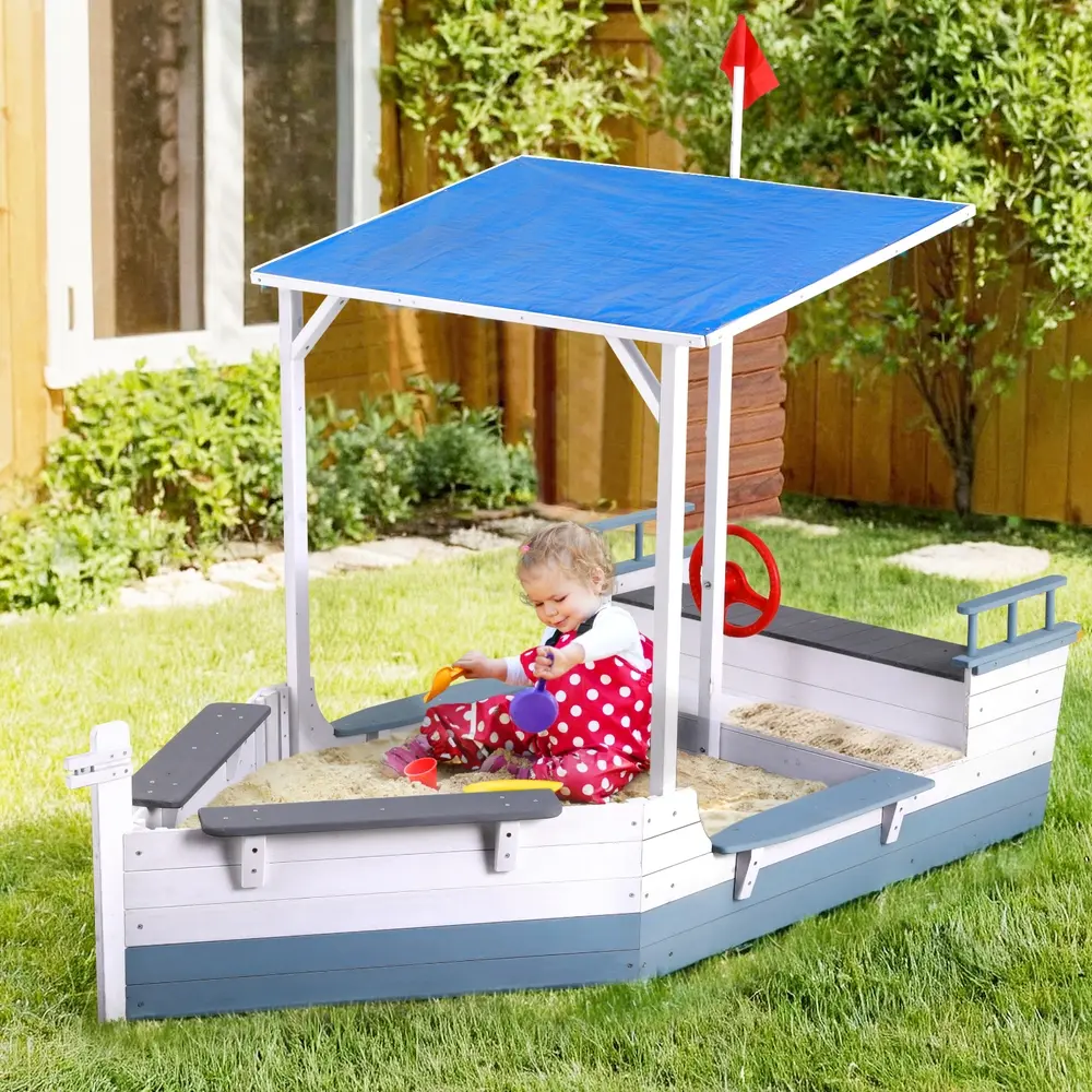 Keezi Kids Sandpit Wooden Box Boat Canopy Flag Outdoor Toys Children Blue 
