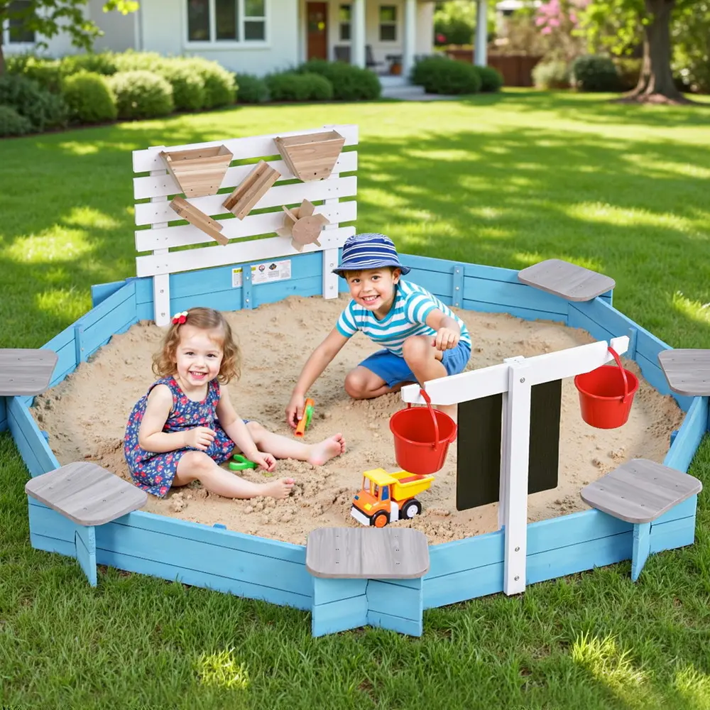 Keezi Kids Sandpit Wooden Round Sand Pit with Cover Funnel Bench Seat Beach Toys 215cm 
