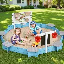 Keezi Kids Sandpit Wooden Round Sand Pit with Cover Funnel Bench Seat Beach Toys 215cm 