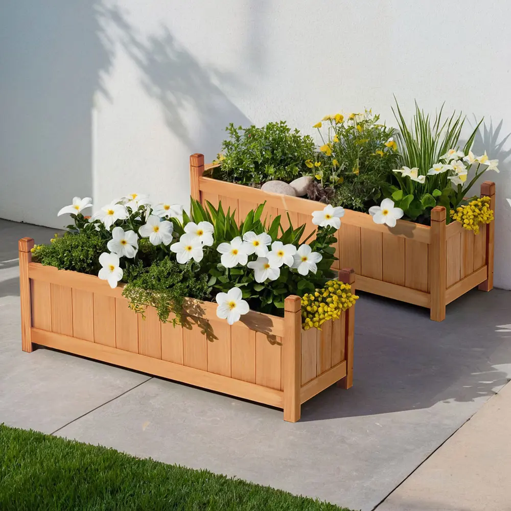 2x Green Fingers Raised Garden Bed 90x30x33cm Wooden Planter Box Raised Container Growing 