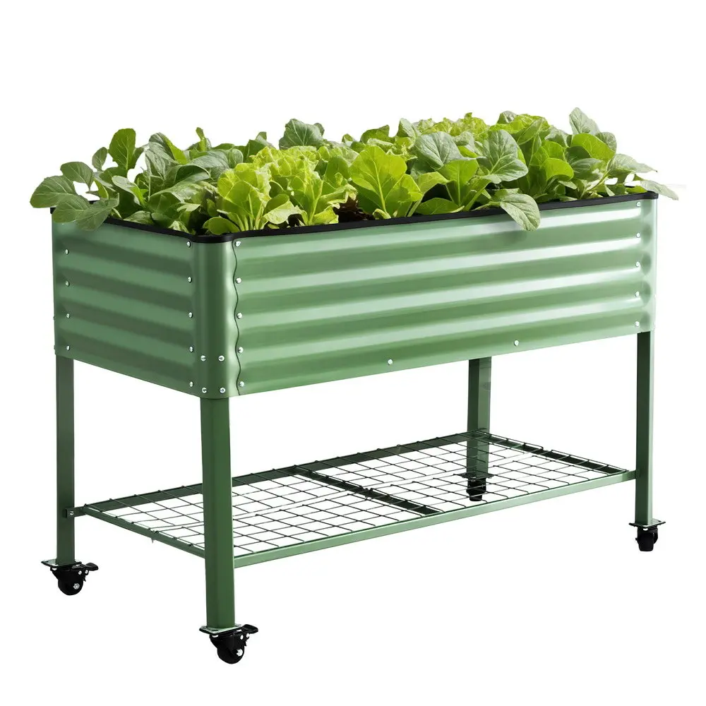 Green Fingers Elevated Raised Garden Bed Kit Mobile w/ Locking Wheels & Storage Shelf 100KG Max Load 115x60x81cm | Galvanized Steel