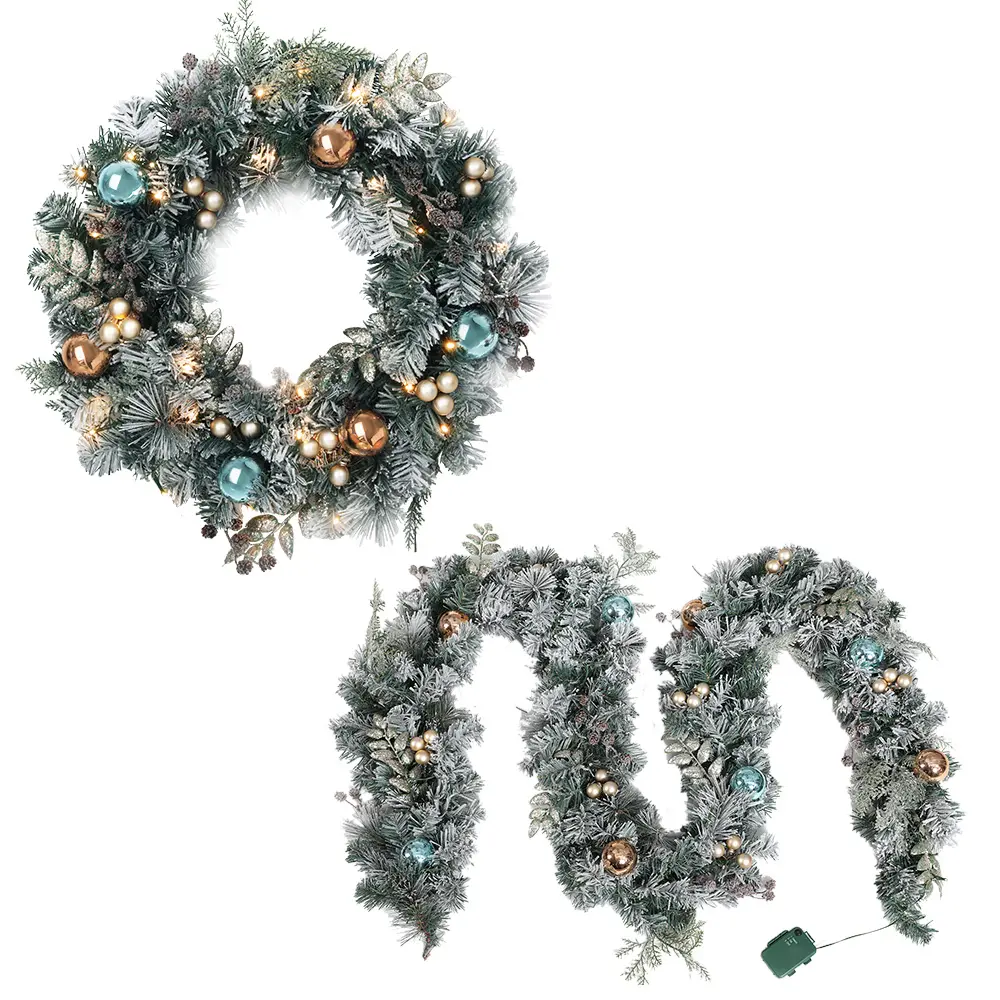 Jingle Jollys 2.7m Christmas Garland with Wreath Set LED Lights Snowy Xmas Decor 