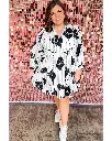 Black Plus Size Floral 3/4 Puff Sleeve Lace-up Neck Mini Dress