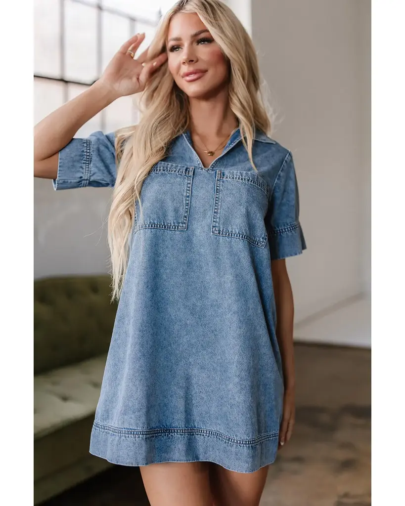 Beau Blue Short Sleeve Collared Patched Pocket Denim Mini Dress - XL 