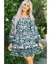 Green Floral Print Piping Trim Bubble Sleeve Square Neck Dress