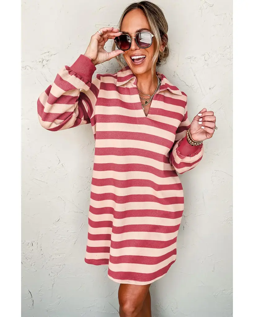 Pink Stripe Collared V Neck Long Sleeve Loose Casual Dress - S 