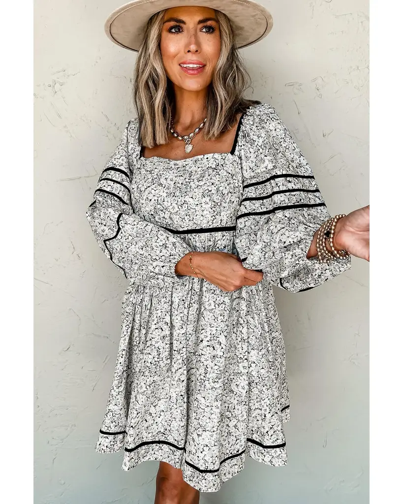 Gray Floral Print Open Back Balloon Sleeve Square Neck Mini Dress - XL 