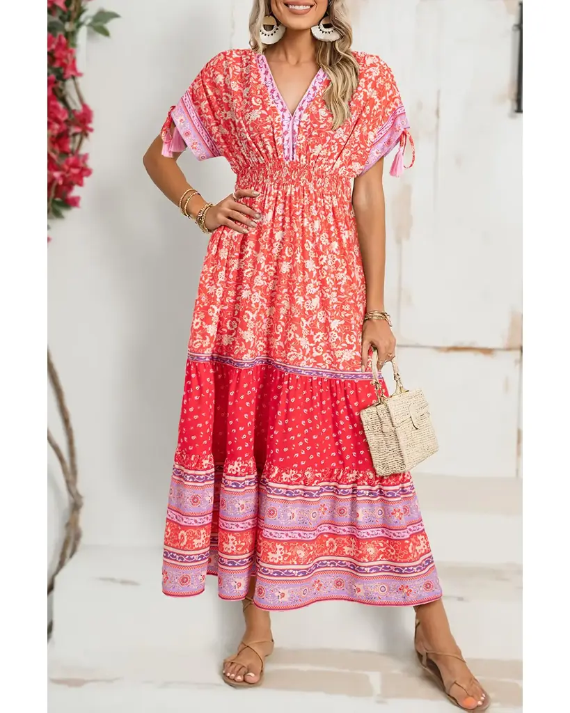 Red Floral Print Tasseled Tied Sleeve Empire Waist Maxi Dress (S)