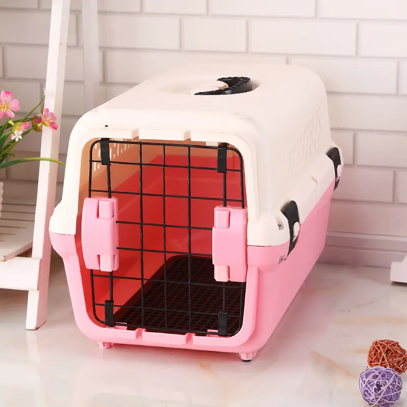 YES4PETS Medium Portable Plastic Dog Cat Pet Pets Carrier Travel Cage With Tray-Pink 