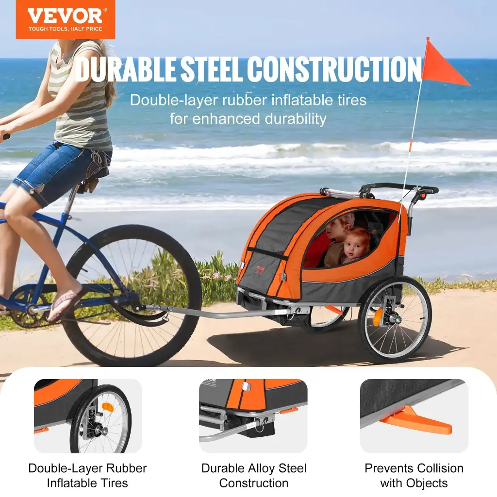 VEVOR Bike Trailer for Toddlers, Kids, Double Seat, 40 kg Load, 2-In-1 Canopy Carrier Converts to Stroller