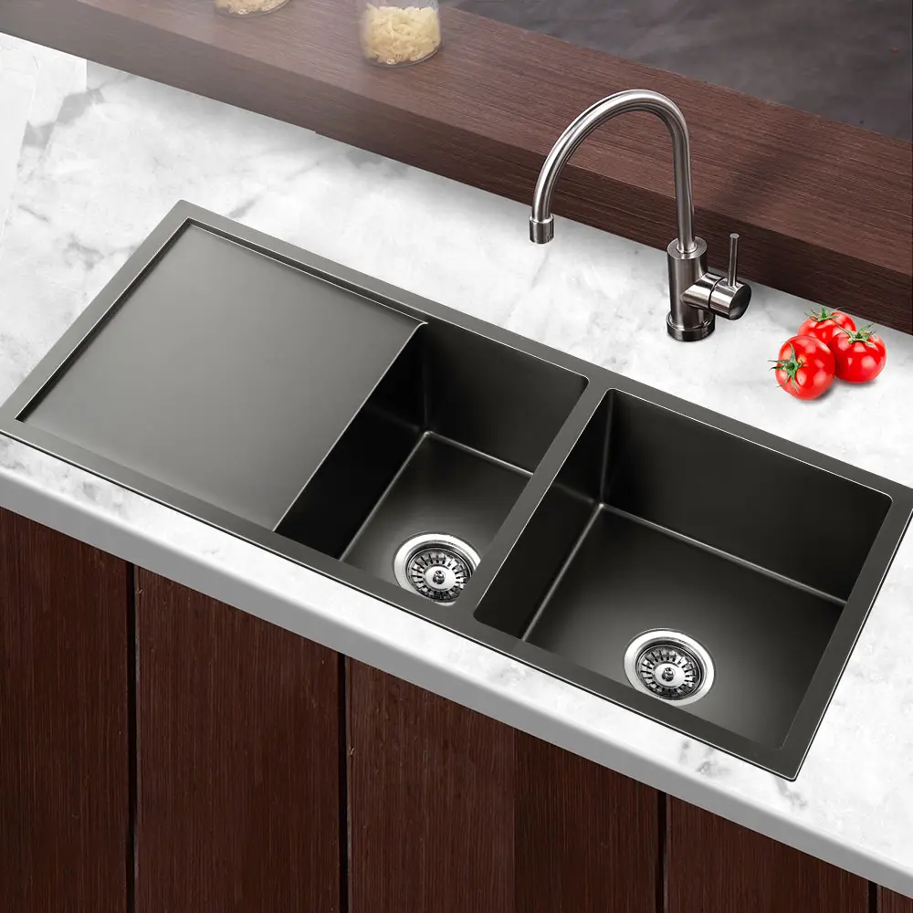 Cefito Kitchen Sink 100X45CM Stainless Steel Basin Double Bowl Nano Black 
