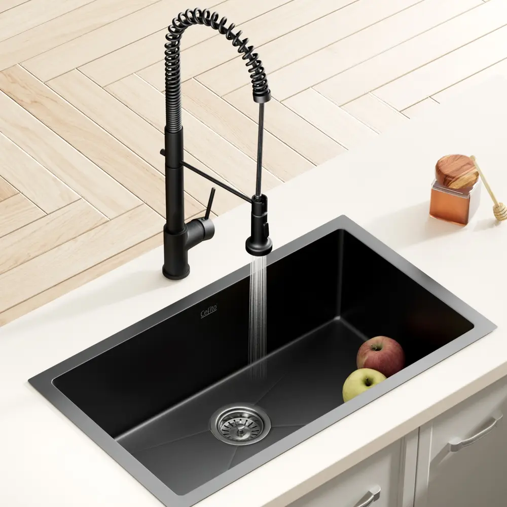 Cefito Stainless Steel Sink 70x45CM With Pull Out Mixer Tap Kitchen Basin Single Bowl Black 