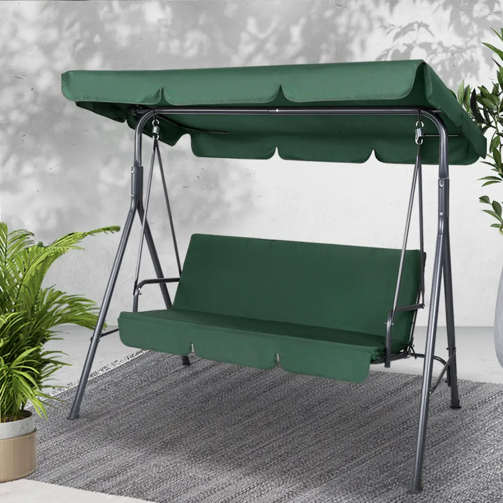 Gardeon Outdoor Swing Chair Garden Chair Bench Furniture Canopy 3 Seater (Green/Brown)