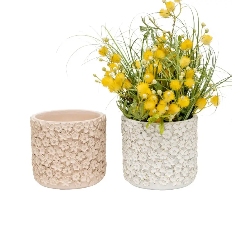 Set 2 Asst Flower Embossed Planters w Hole + Plug 18cm 