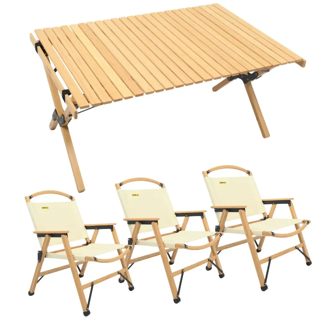 3 Chairs & 1 Table Set Bamboo Camping Folding Portable Outdoor Picnic Travel BBQ 