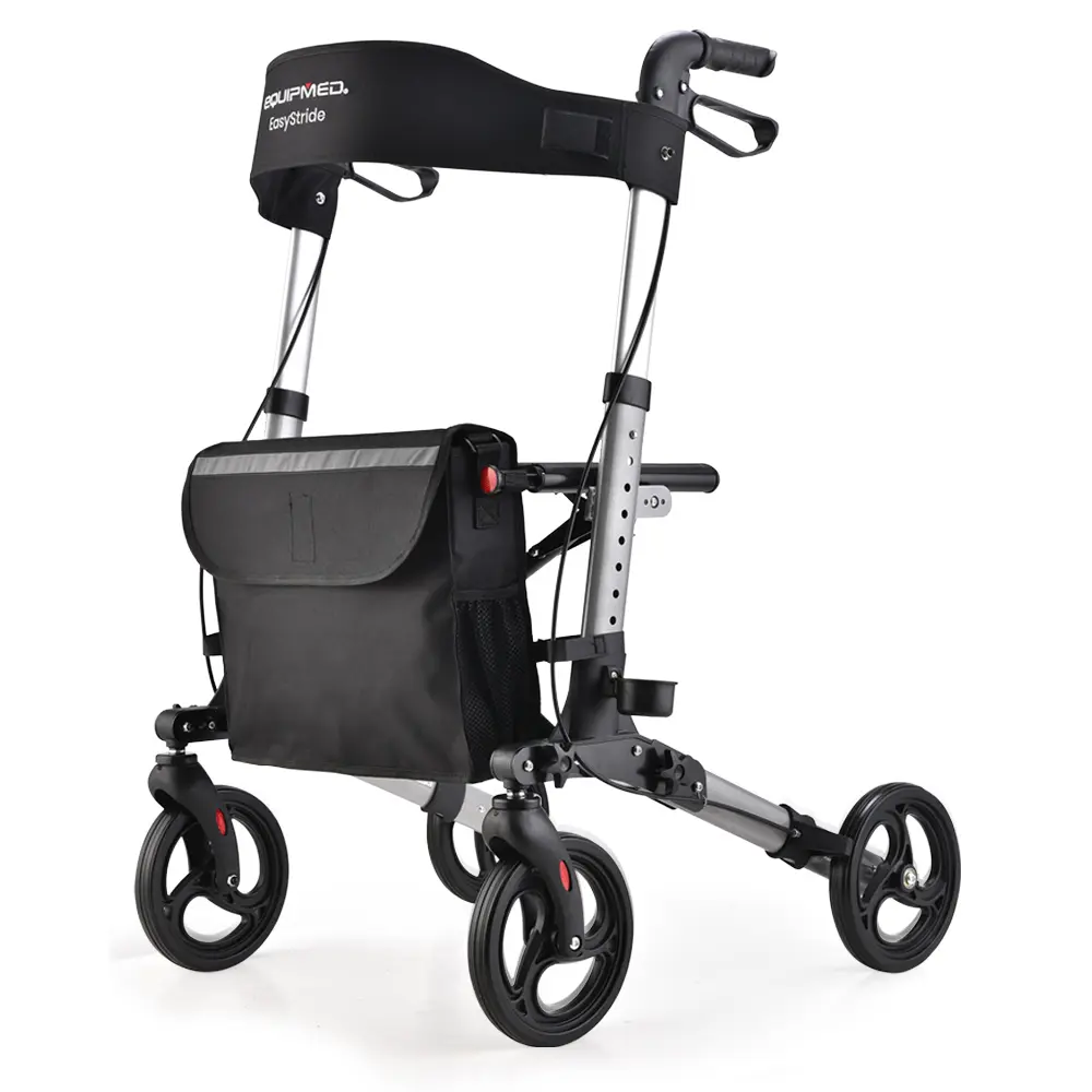 EQUIPMED Foldable Aluminium Walking Frame Rollator with Bag and Seat, Silver 