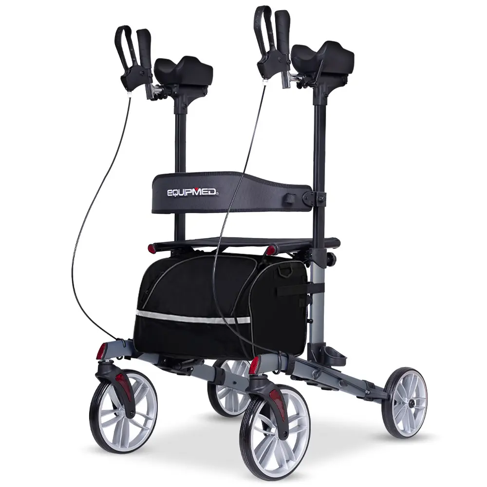 EQUIPMED Upright Rollator Walker with Forearm Rest Supports, Mobilty Aid with Seat, Grey 