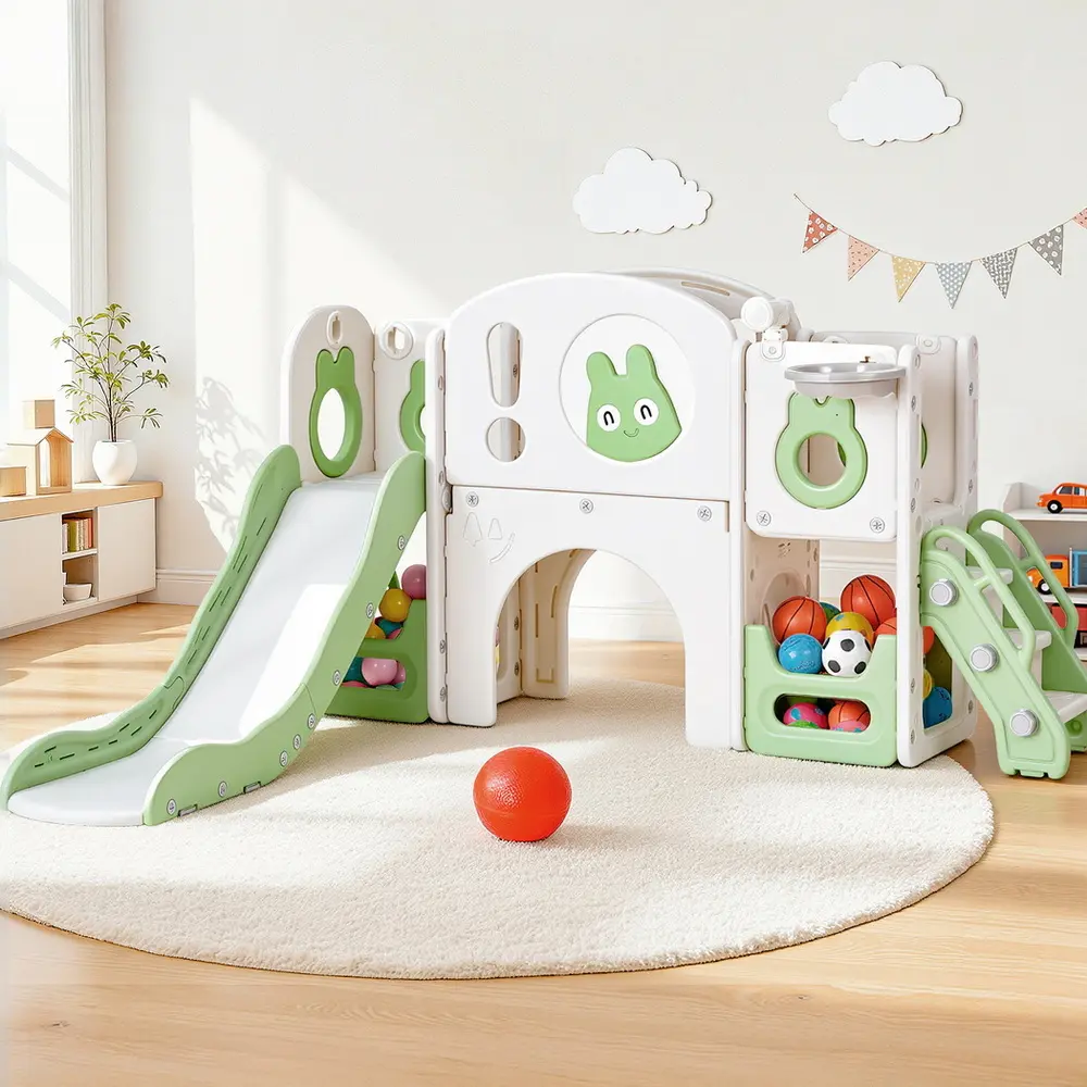 Keezi Kids Slide Swing Set Ball Hoop Rings Football Outdoor Toys Green 