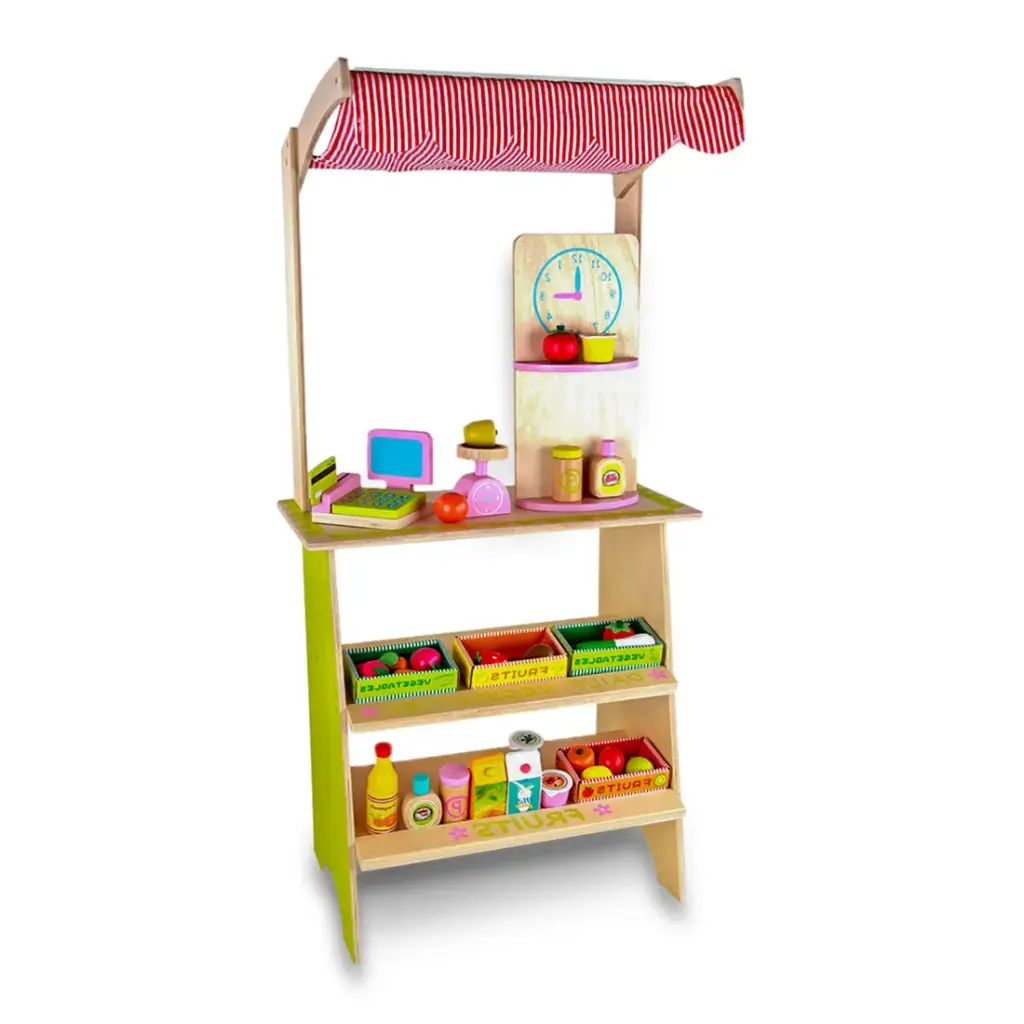 Kids Wooden Toy Pretend Play Marketplace Stand Fruit Veg Shop Stall Supermarket 