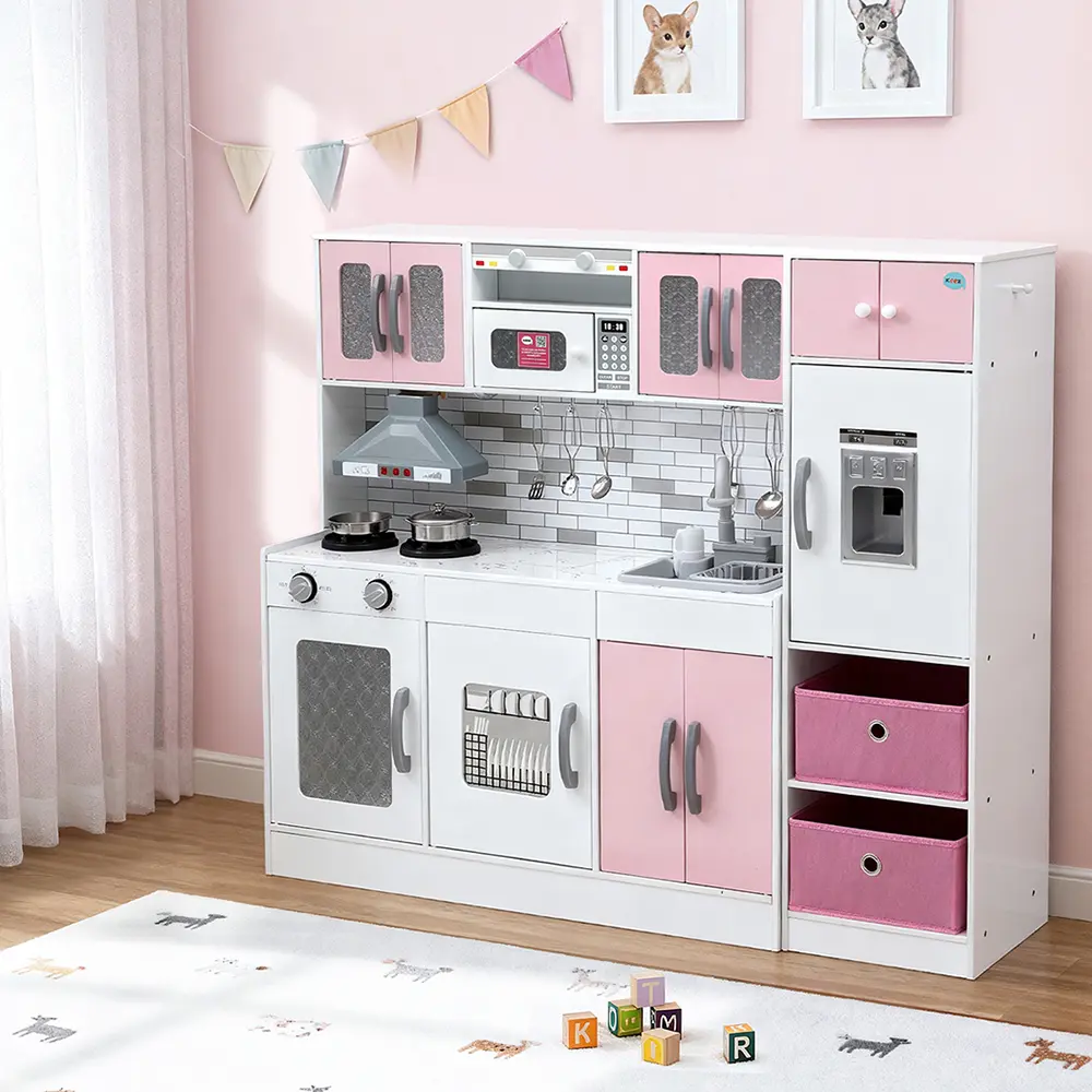 Keezi Kids Kitchen Playset 2-Piece Wooden Pretend Play Coffee Maker Toy 100CM Pink 