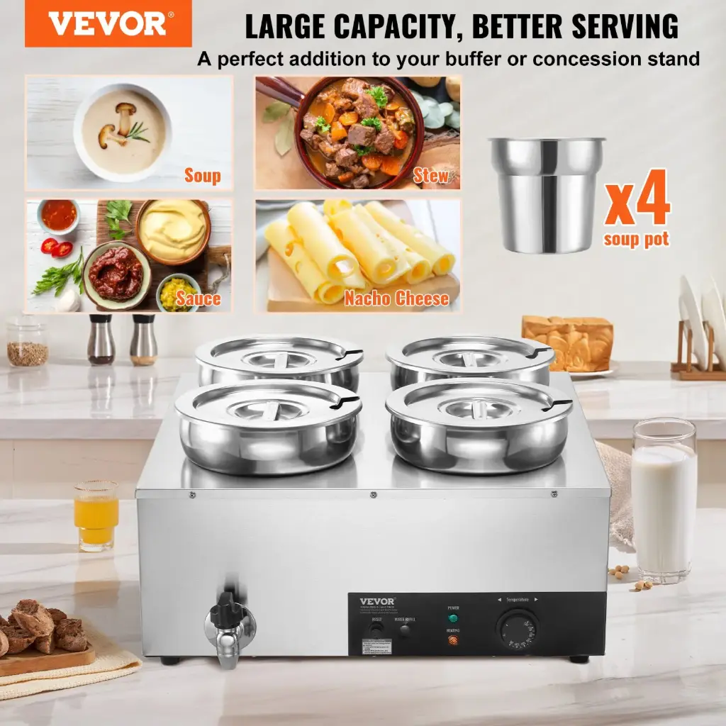 VEVOR Commercial Soup Warmer Soup Station with 4*7.4Qt Pot Soup Kettle Warmer 