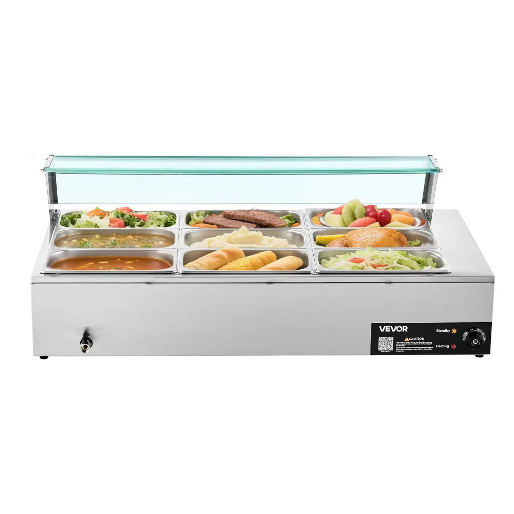 VEVOR Commercial Food Warmer, 1500W Electric Stainless Steel Steam Food Warmer with Glass Cover
