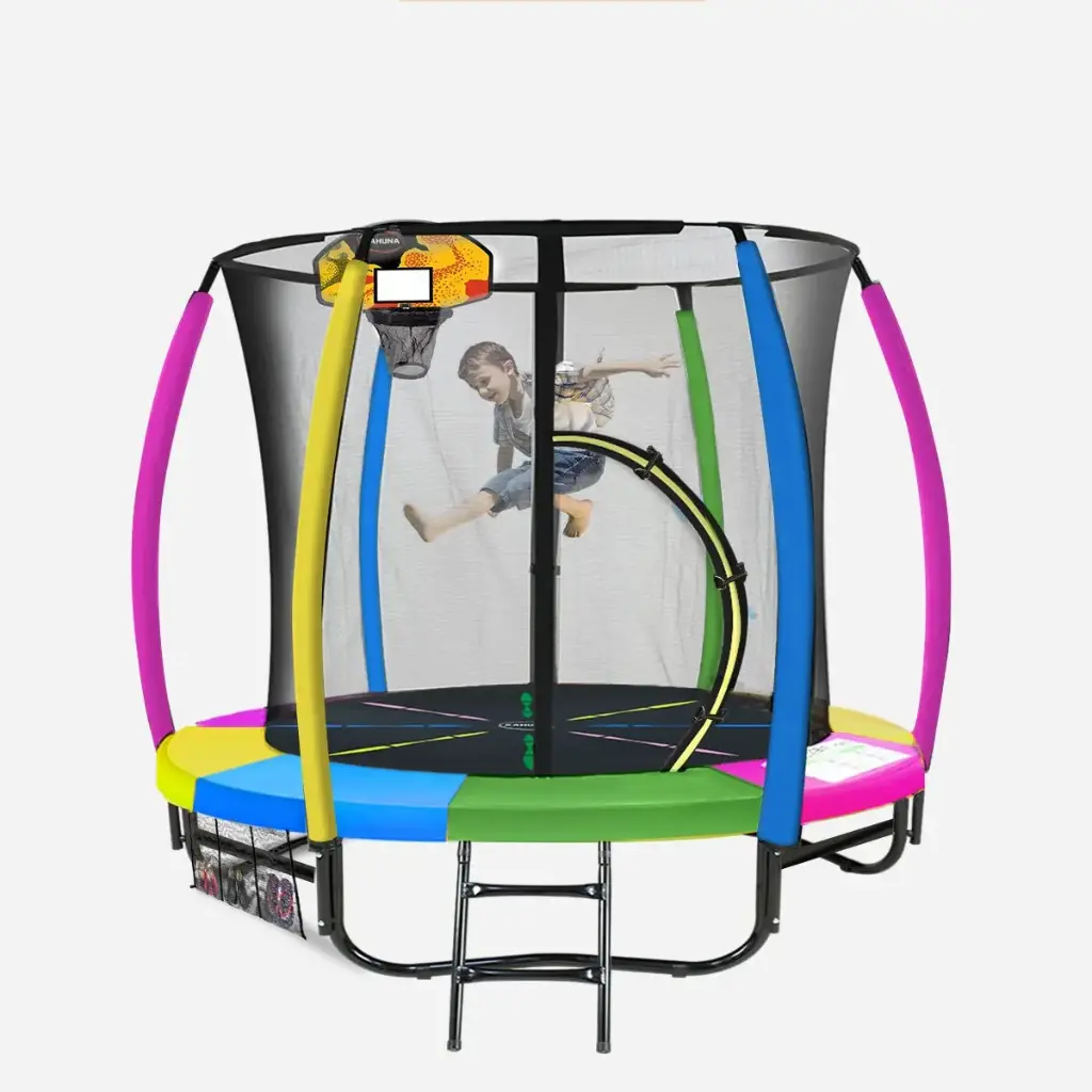 Kahuna 8ft Outdoor Trampoline Kids Children With Safety Enclosure Mat Pad Net Ladder Basketball Hoop Set - Rainbow 