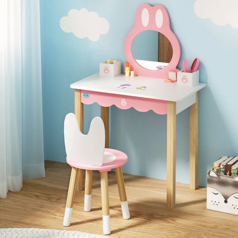 1 Set of Keezi Kids Dressing Table Wooden Bunny Pink 