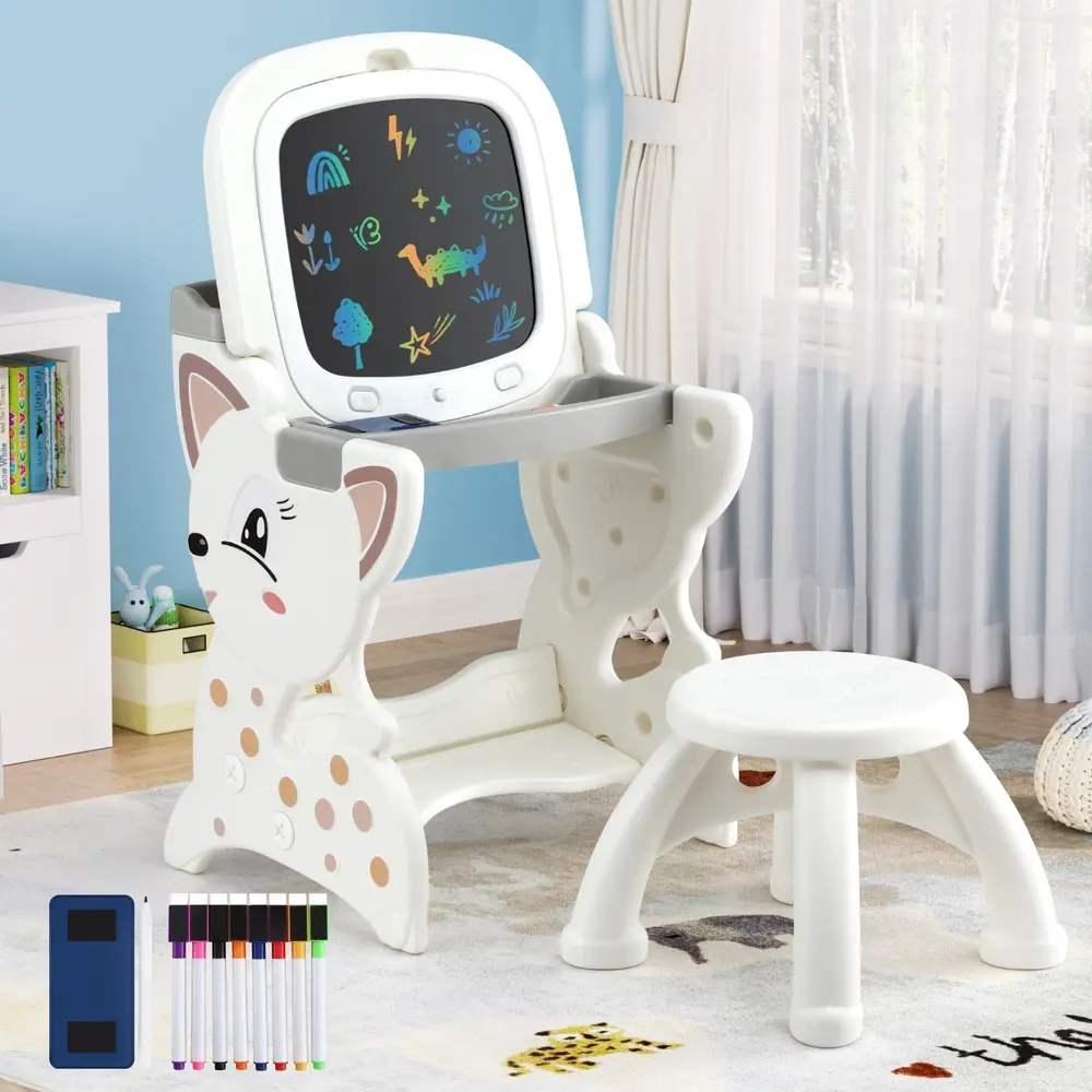 Keezi Kids Table and Chair Set 2 in 1 Easel Desk Stool w/ LCD Writing Tablet 
