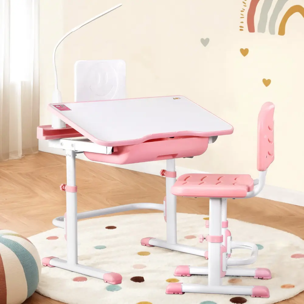 Keezi Kids Table and Chair Set Adjustable Study Desk w/ LED Lamp Reading Pink 