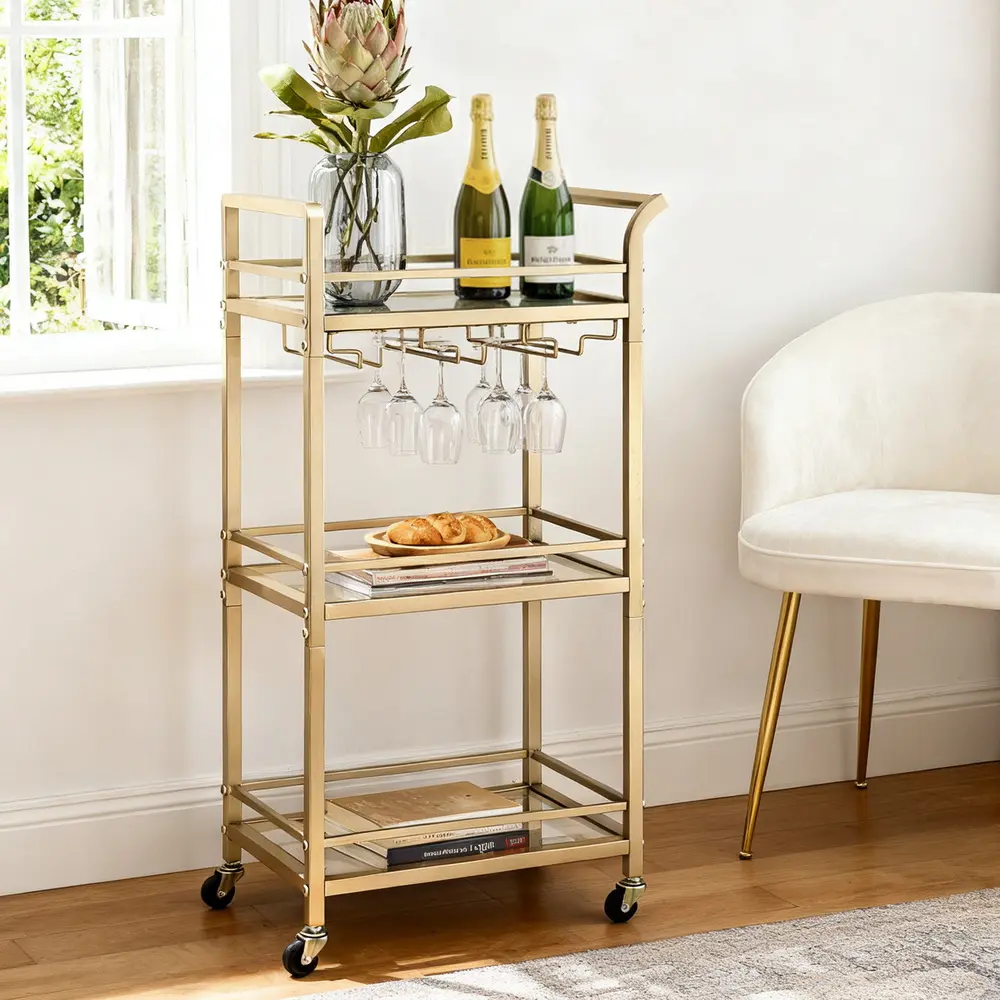 Artiss Kitchen Island Cart Trolley Rolling Serving Storage Wine Glass 43cm Gold 