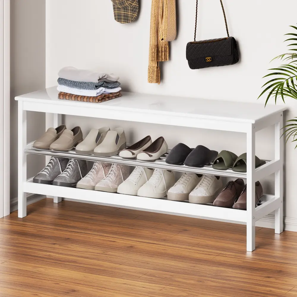 Artiss Shoe Rack Cabinet Bamboo Bench 10 Paris White 